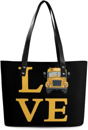 Love School Bus Women Tote Bag PU Leather Handbags Top Handle Bag Fashion Shoulder Purses with Zippered