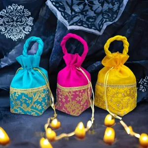 LOVENSPIRE Designer Potli Bags for Women and Girls Indian Zari Ethnic Handcrafted Hand Bags Ethnic Pouch Handle Purse Pooja Favors Housewarming Return Gift Eid Gifts (Pack of 3)