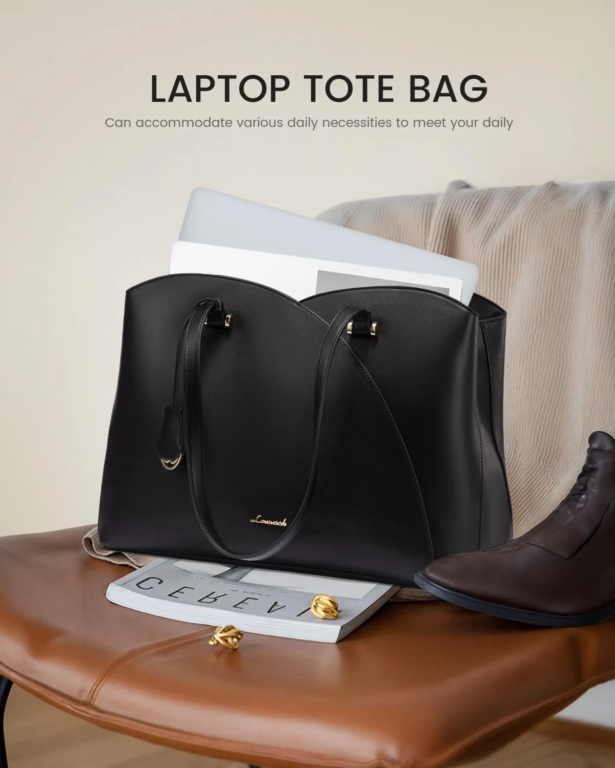 LOVEVOOK 17 Inch Laptop Tote Bag for Women, Work Bags Laptop Bag Teacher Tote Bag, Leather Computer Bag Large Purses Handbag Professional Briefcase, Black
