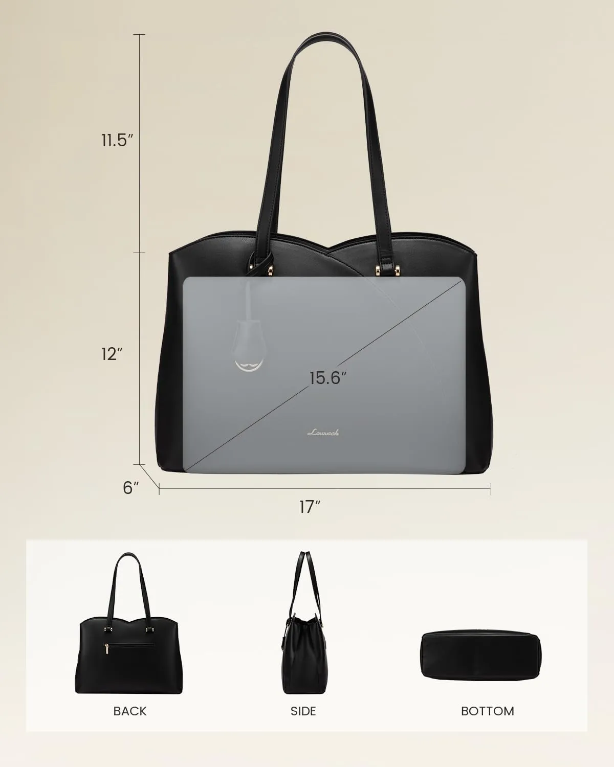LOVEVOOK 17 Inch Laptop Tote Bag for Women, Work Bags Laptop Bag Teacher Tote Bag, Leather Computer Bag Large Purses Handbag Professional Briefcase, Black