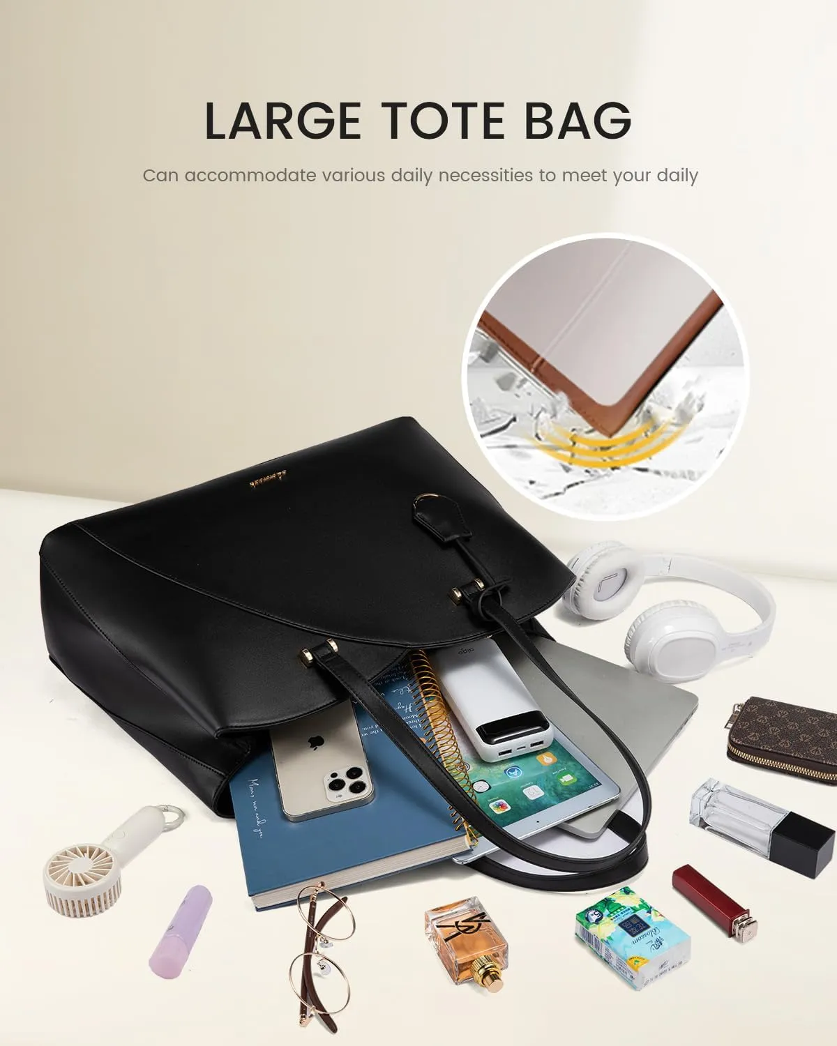 LOVEVOOK 17 Inch Laptop Tote Bag for Women, Work Bags Laptop Bag Teacher Tote Bag, Leather Computer Bag Large Purses Handbag Professional Briefcase, Black