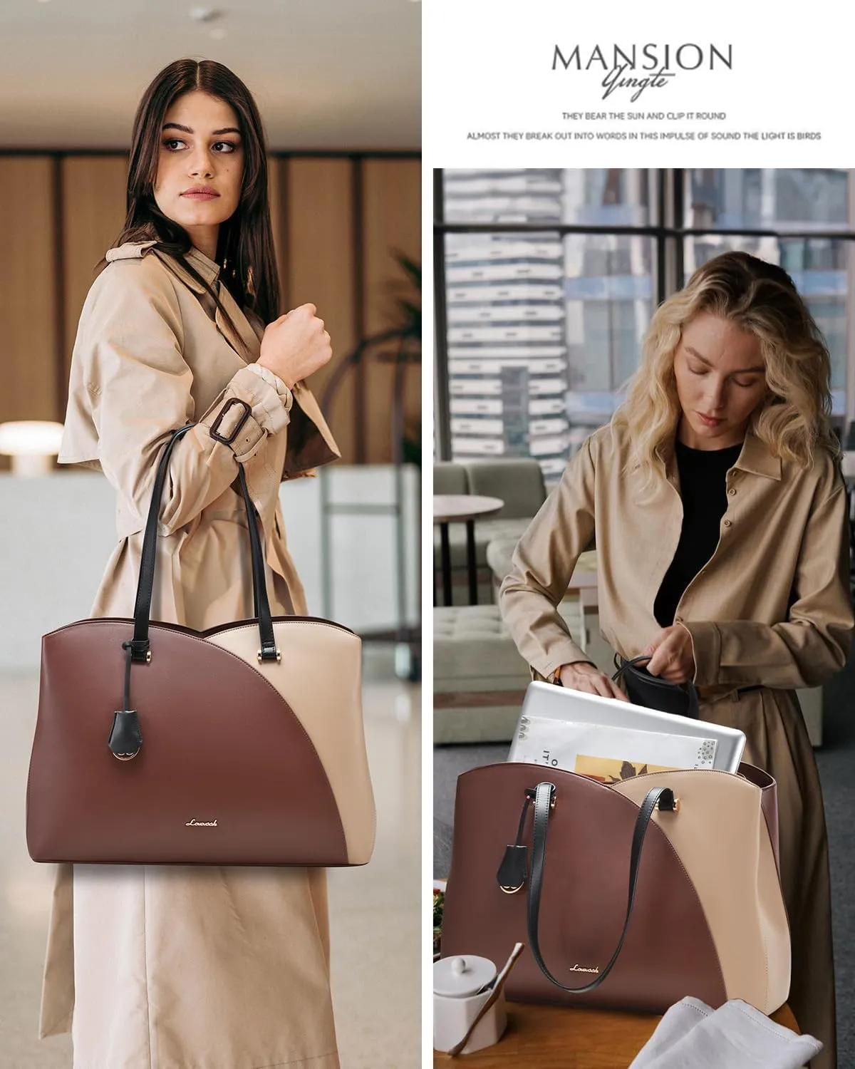 LOVEVOOK 17 Inch Laptop Tote Bag for Women, Work Bags Laptop Bag Teacher Tote Bag, Leather Computer Bag Large Purses Handbag Professional Briefcase, Coffee-Light Brown-Black