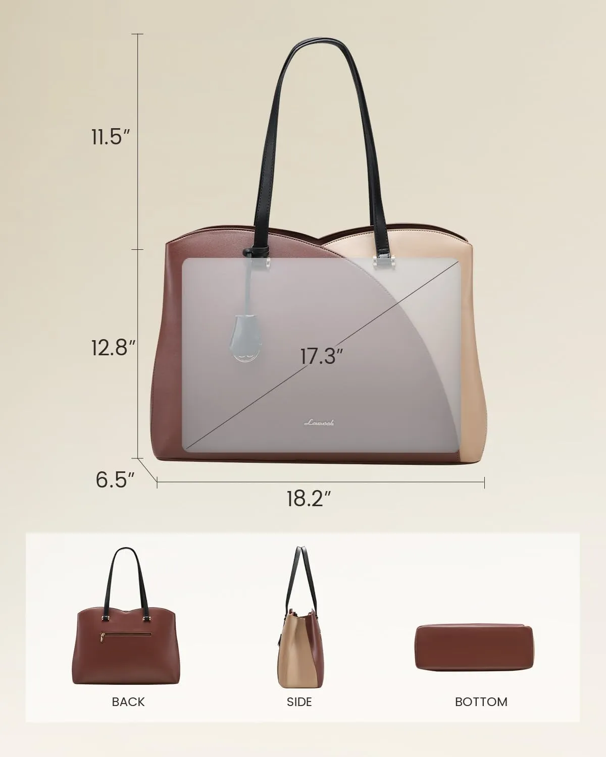 LOVEVOOK 17 Inch Laptop Tote Bag for Women, Work Bags Laptop Bag Teacher Tote Bag, Leather Computer Bag Large Purses Handbag Professional Briefcase, Coffee-Light Brown-Black