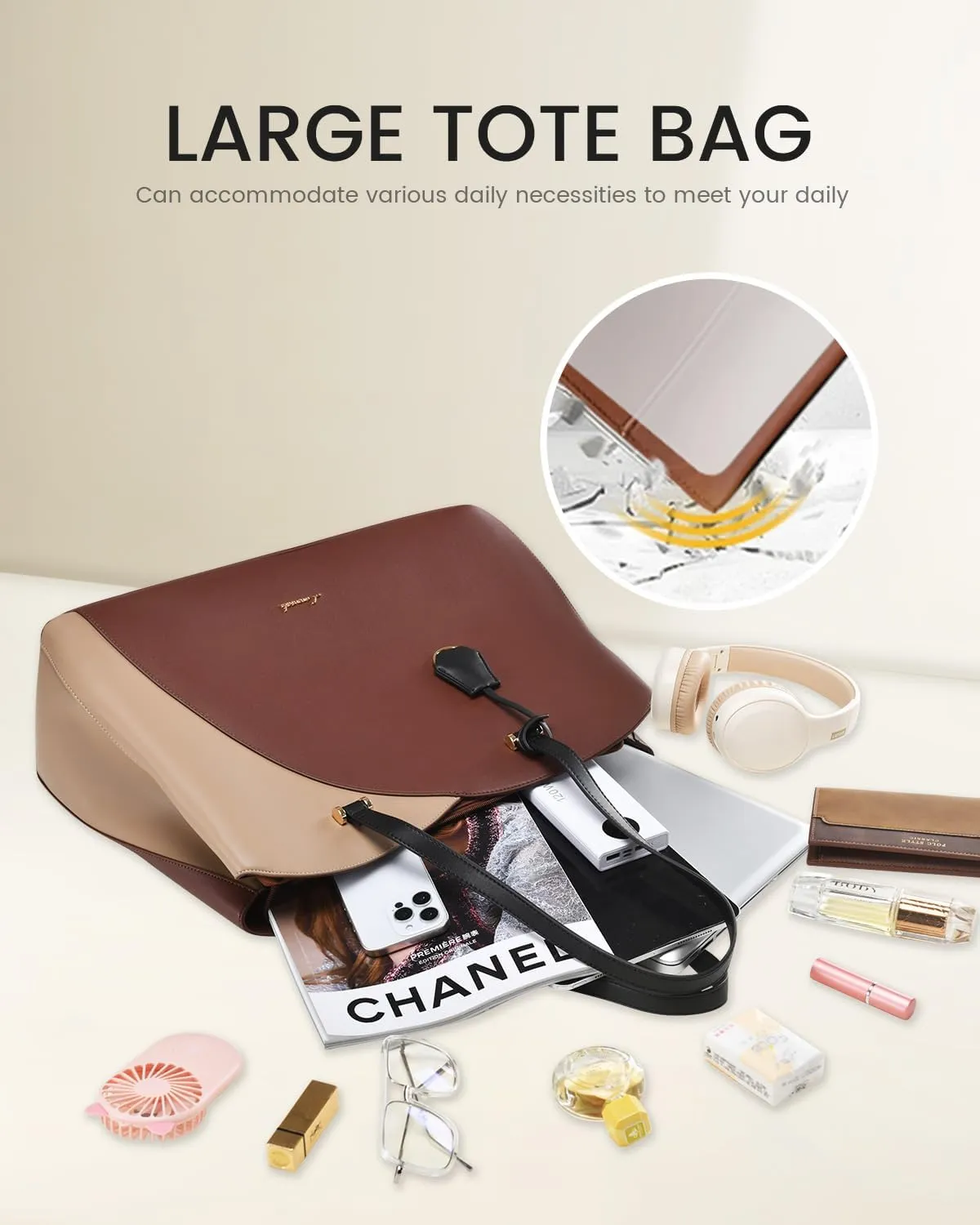 LOVEVOOK 17 Inch Laptop Tote Bag for Women, Work Bags Laptop Bag Teacher Tote Bag, Leather Computer Bag Large Purses Handbag Professional Briefcase, Coffee-Light Brown-Black