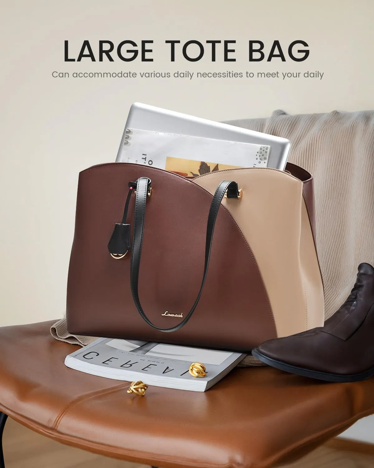 LOVEVOOK 17 Inch Laptop Tote Bag for Women, Work Bags Laptop Bag Teacher Tote Bag, Leather Computer Bag Large Purses Handbag Professional Briefcase, Coffee-Light Brown-Black
