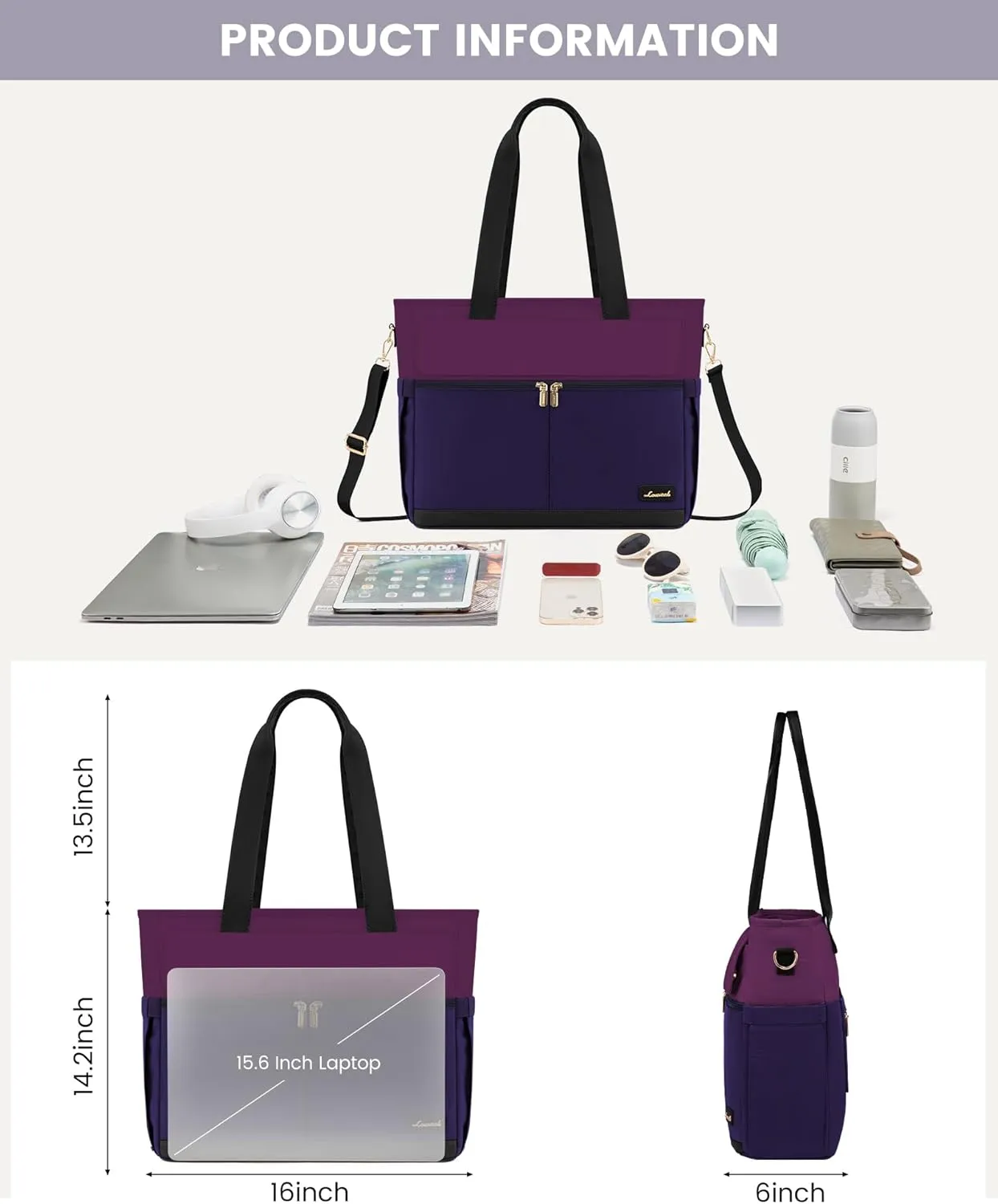 LOVEVOOK Laptop Bag for Women 15.6 Inch Laptop Tote Bag Large Capacity Work Bags Mutiple Pockets Teacher Bags with Removable Strap Water Resistant Computer Purse for Business Travel, Dark Purple-Black