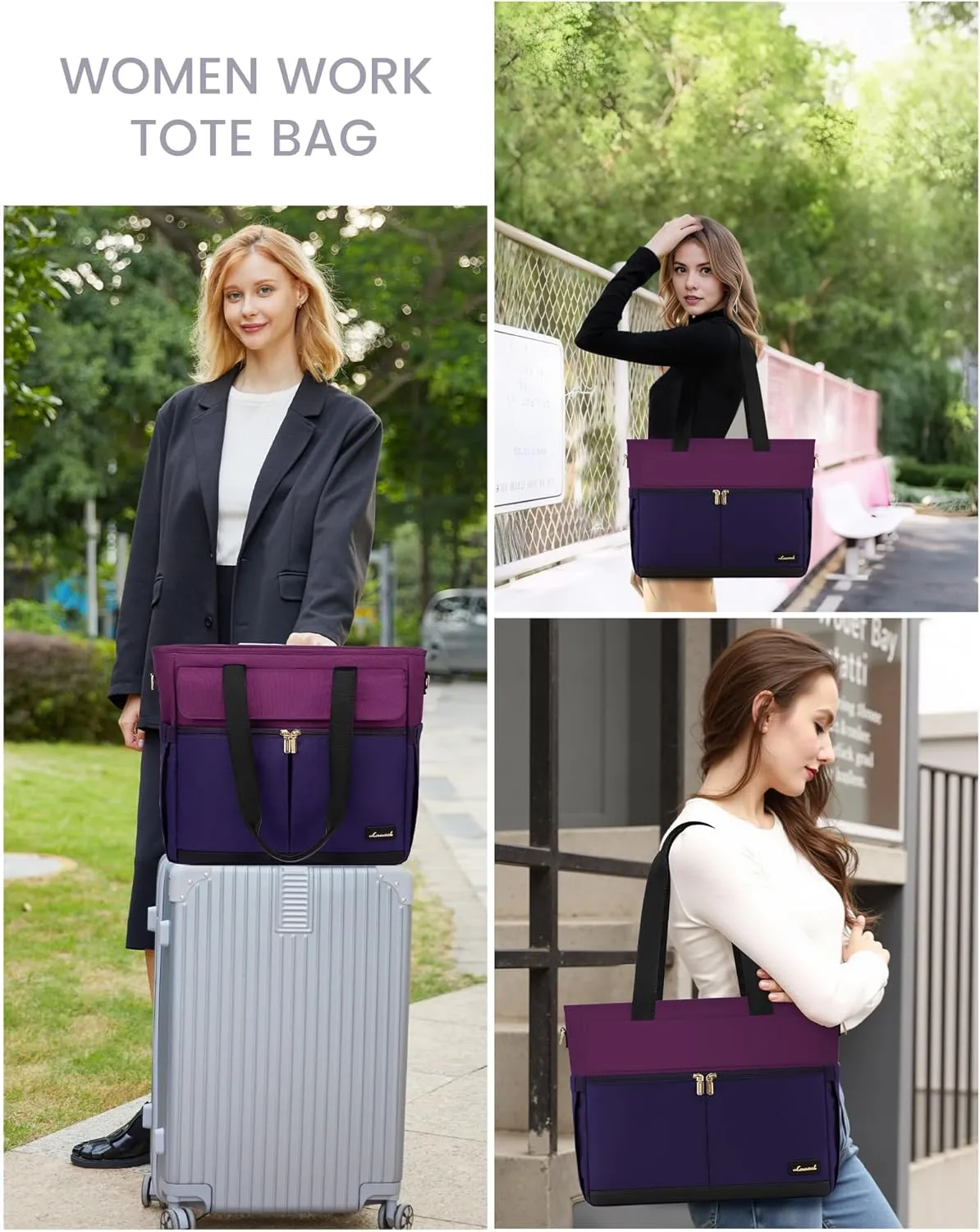 LOVEVOOK Laptop Bag for Women 15.6 Inch Laptop Tote Bag Large Capacity Work Bags Mutiple Pockets Teacher Bags with Removable Strap Water Resistant Computer Purse for Business Travel, Dark Purple-Black