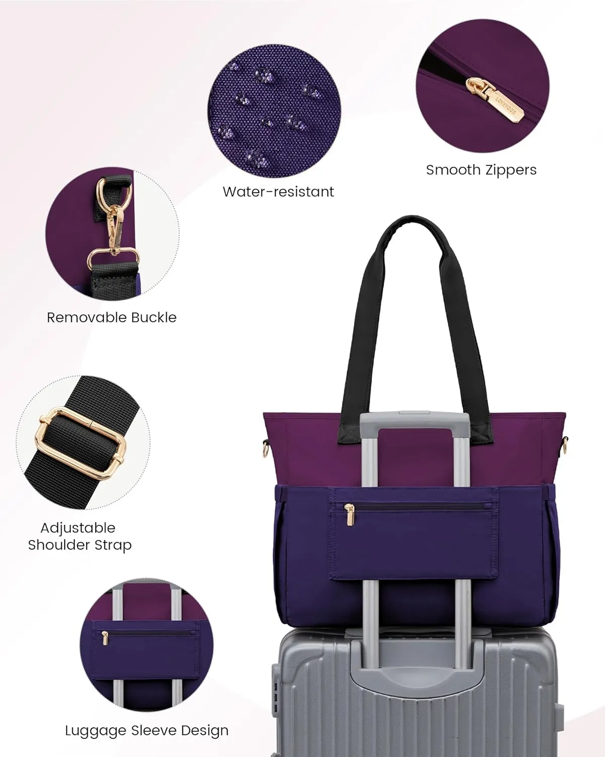 LOVEVOOK Laptop Bag for Women 15.6 Inch Laptop Tote Bag Large Capacity Work Bags Mutiple Pockets Teacher Bags with Removable Strap Water Resistant Computer Purse for Business Travel, Dark Purple-Black