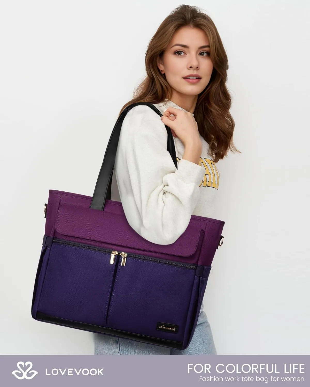 LOVEVOOK Laptop Bag for Women 15.6 Inch Laptop Tote Bag Large Capacity Work Bags Mutiple Pockets Teacher Bags with Removable Strap Water Resistant Computer Purse for Business Travel, Dark Purple-Black