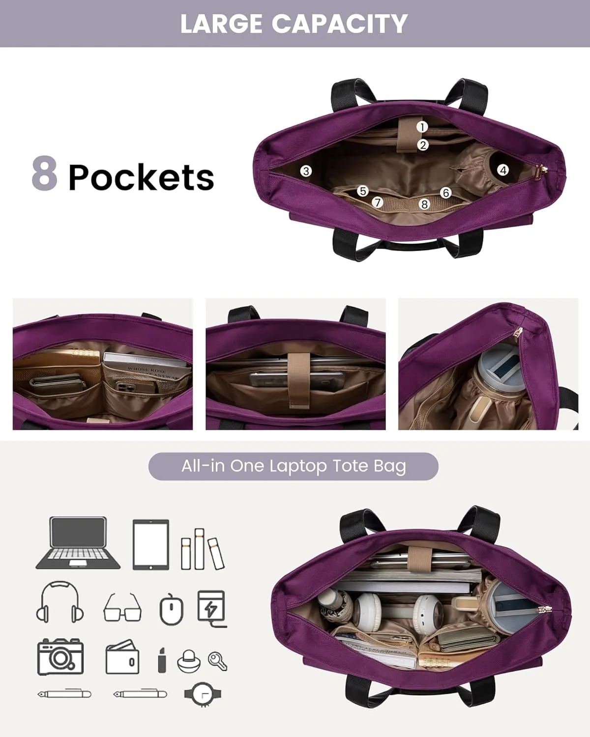 LOVEVOOK Laptop Bag for Women 15.6 Inch Laptop Tote Bag Large Capacity Work Bags Mutiple Pockets Teacher Bags with Removable Strap Water Resistant Computer Purse for Business Travel, Dark Purple-Black