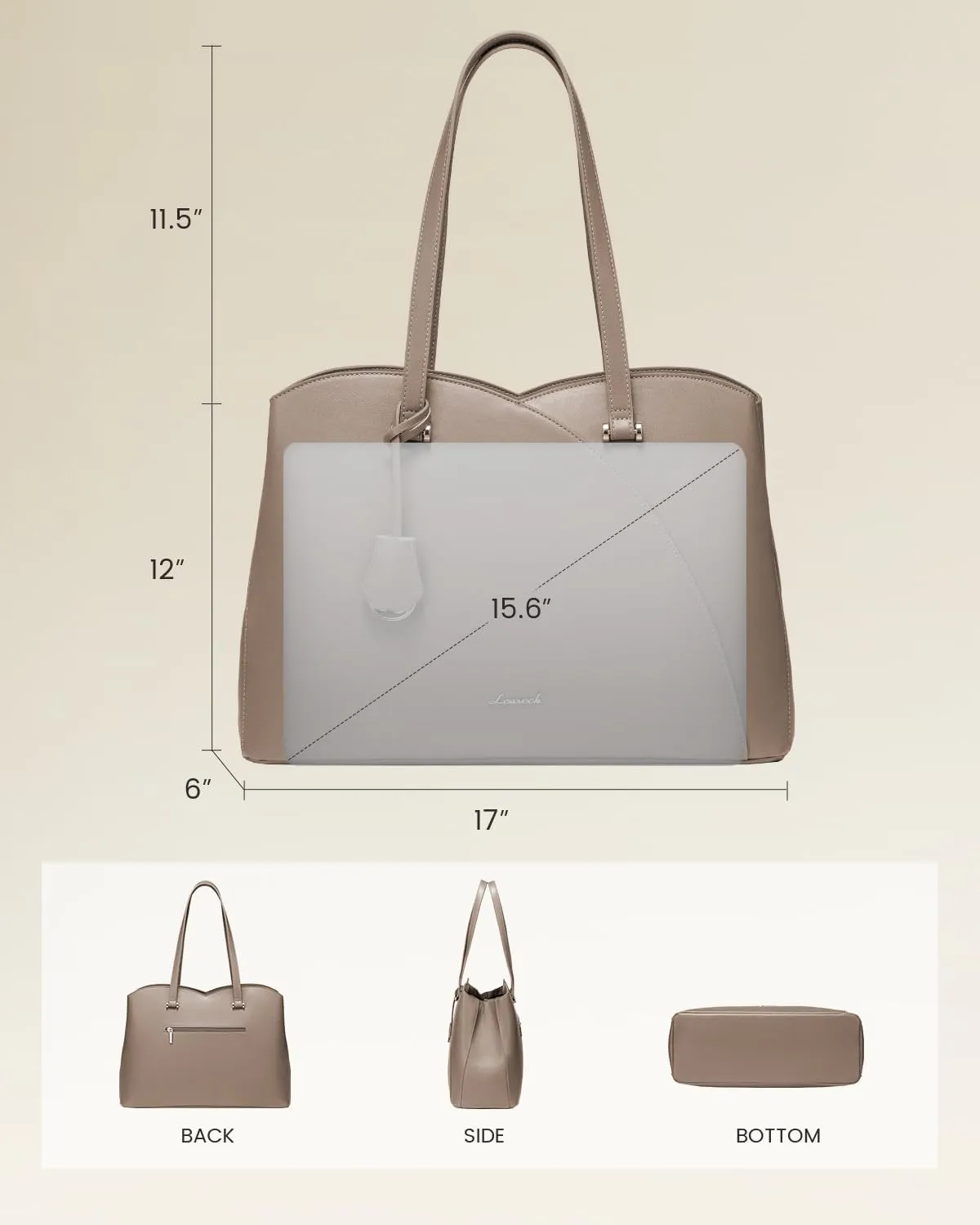 LOVEVOOK Teacher Tote Bag for Women, Work Bags Laptop Bag, Professional 15.6 Inch Leather Computer Bag, Large Purses Handbag Briefcase, Taupe