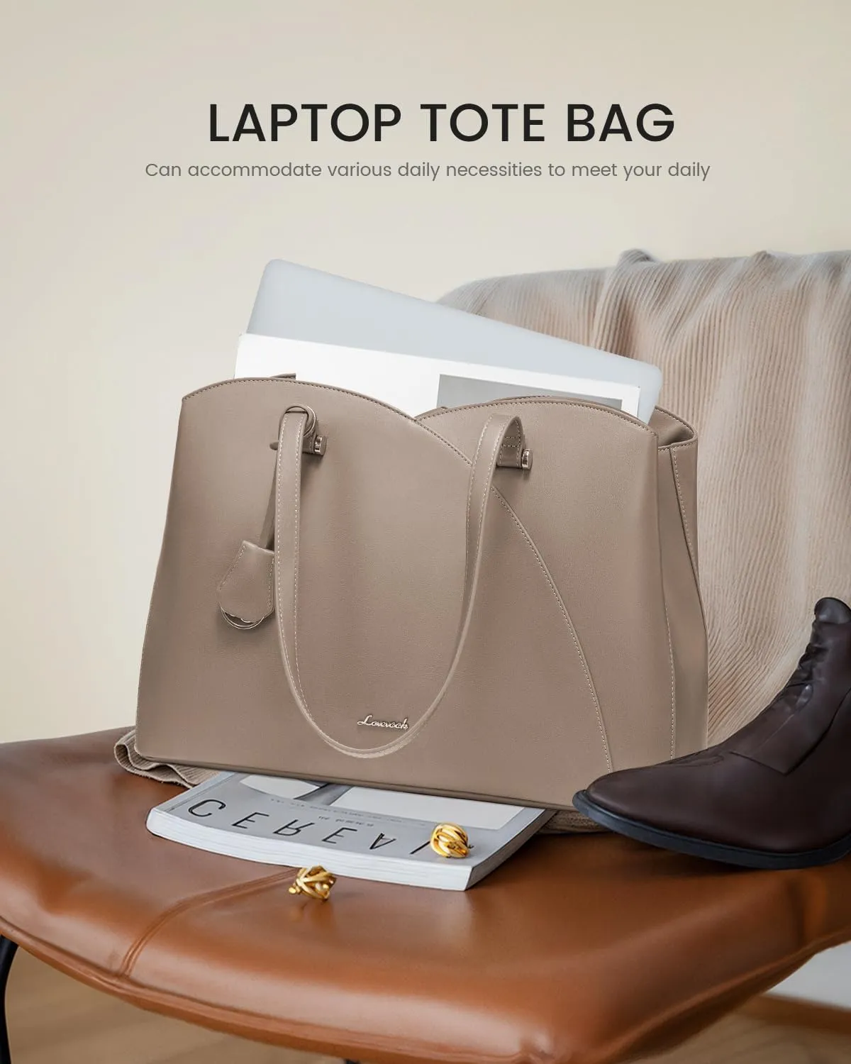 LOVEVOOK Teacher Tote Bag for Women, Work Bags Laptop Bag, Professional 15.6 Inch Leather Computer Bag, Large Purses Handbag Briefcase, Taupe