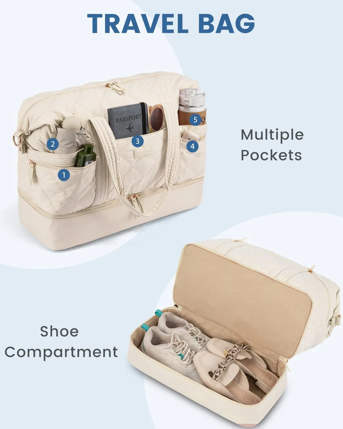 LOVEVOOK Travel Duffle Bag, Lightweight Weekender Bags for Women with Shoe Compartment, Puffer Gym Bag Personal Item Travel Bag, Quilted Carry On Overnight Bags and Hospital Bag for Labor and Delivery
