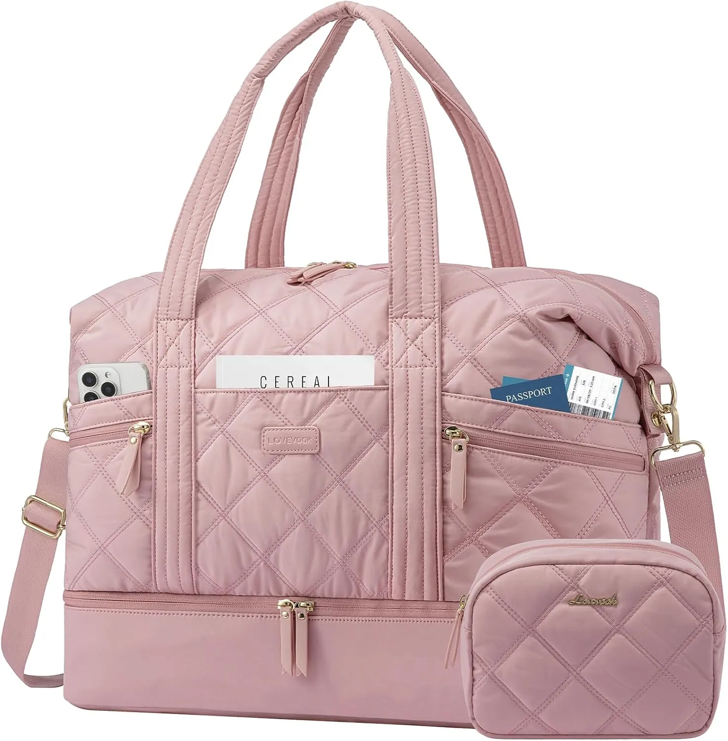 LOVEVOOK Travel Duffle Bag, Lightweight Weekender Bags for Women with Shoe Compartment, Puffer Gym Bag Personal Item Travel Bag, Quilted Carry On Overnight Bags and Hospital Bag for Labor and Delivery
