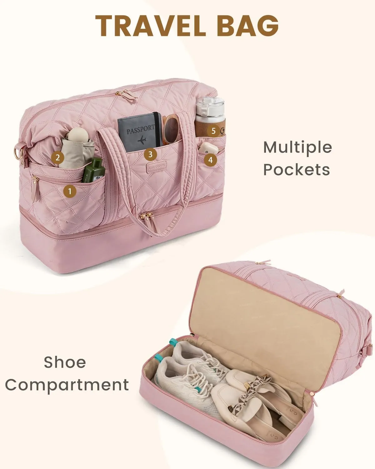 LOVEVOOK Travel Duffle Bag, Lightweight Weekender Bags for Women with Shoe Compartment, Puffer Gym Bag Personal Item Travel Bag, Quilted Carry On Overnight Bags and Hospital Bag for Labor and Delivery
