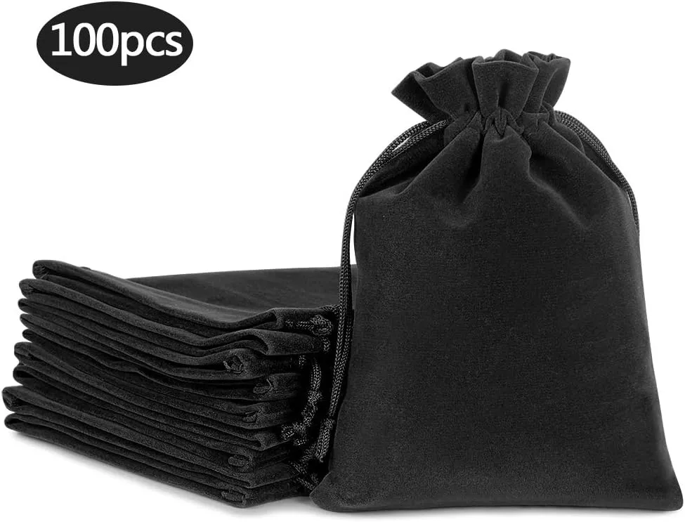 Lucky Monet 25/50/100PCS Velvet Drawstring Bags Jewelry Pouches for Christmas Birthday Party Wedding Favors Gift Candy Headphones Art and DIY Craft (100Pcs, Black, 4” x 6”)