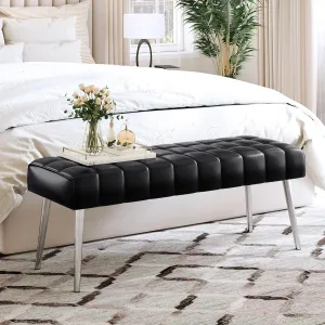 LUE BONA 44.5” End of Bed Bench, Leather Tufted Upholstered Bedroom Bench, Modern Ottoman with Metal Legs Storage for Living Room, Entryway, Dining Room, 300LB, Black