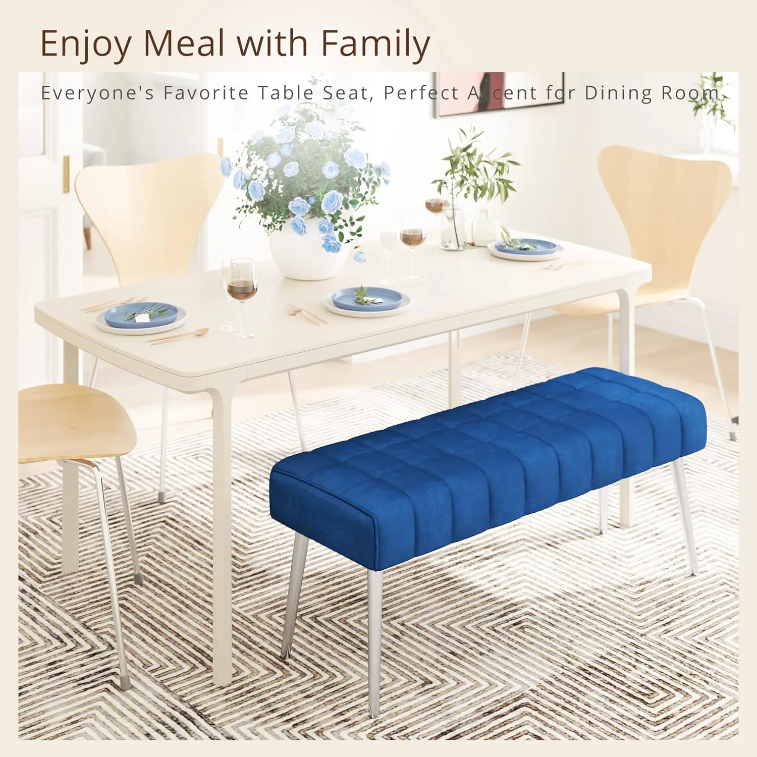 LUE BONA 44.5” End of Bed Bench, Linen Tufted Upholstered Bedroom Benches, Modern Ottoman Bench with Metal Legs Storage for Living Room, Entryway, Dining Room, 300LB, Royal Blue