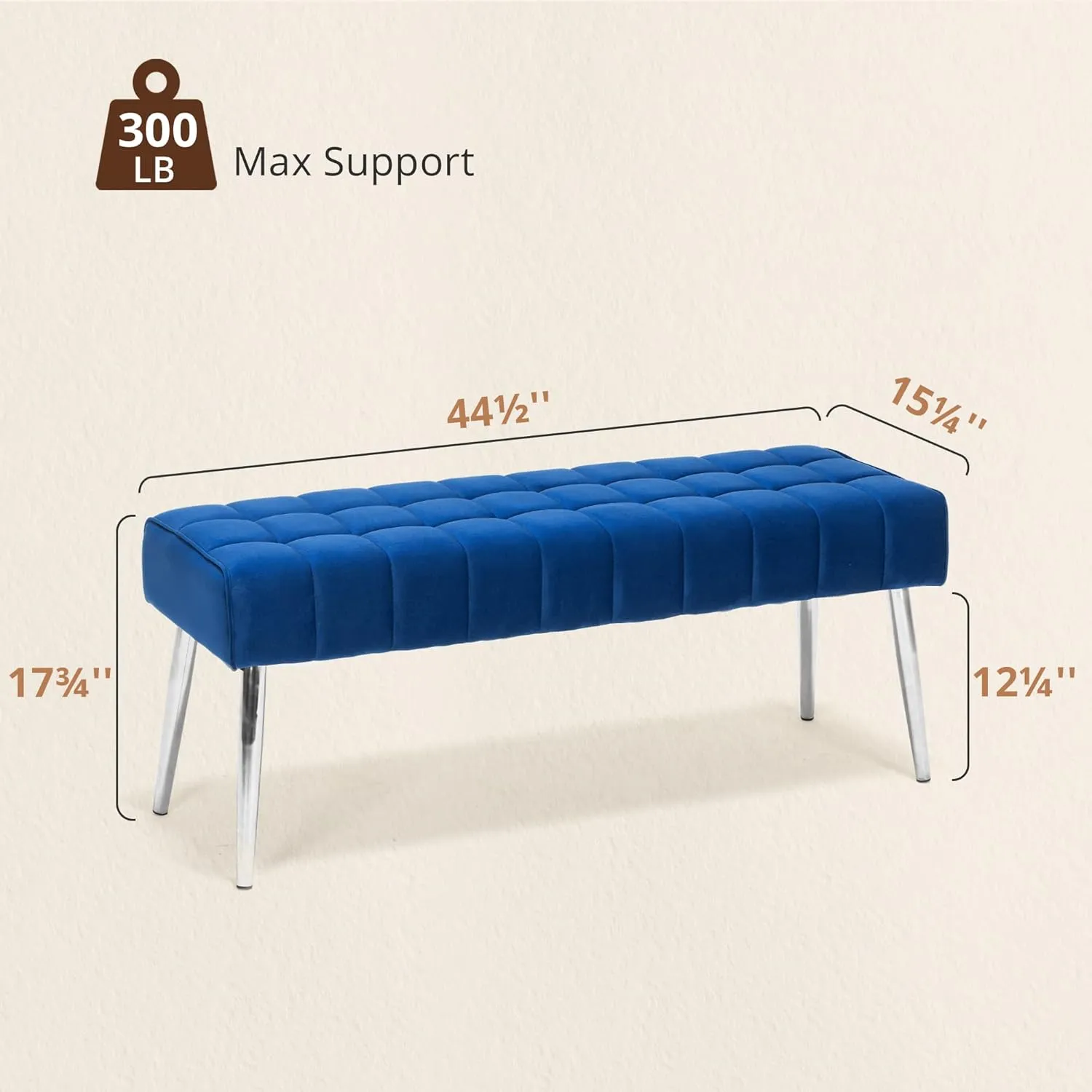 LUE BONA 44.5” End of Bed Bench, Linen Tufted Upholstered Bedroom Benches, Modern Ottoman Bench with Metal Legs Storage for Living Room, Entryway, Dining Room, 300LB, Royal Blue