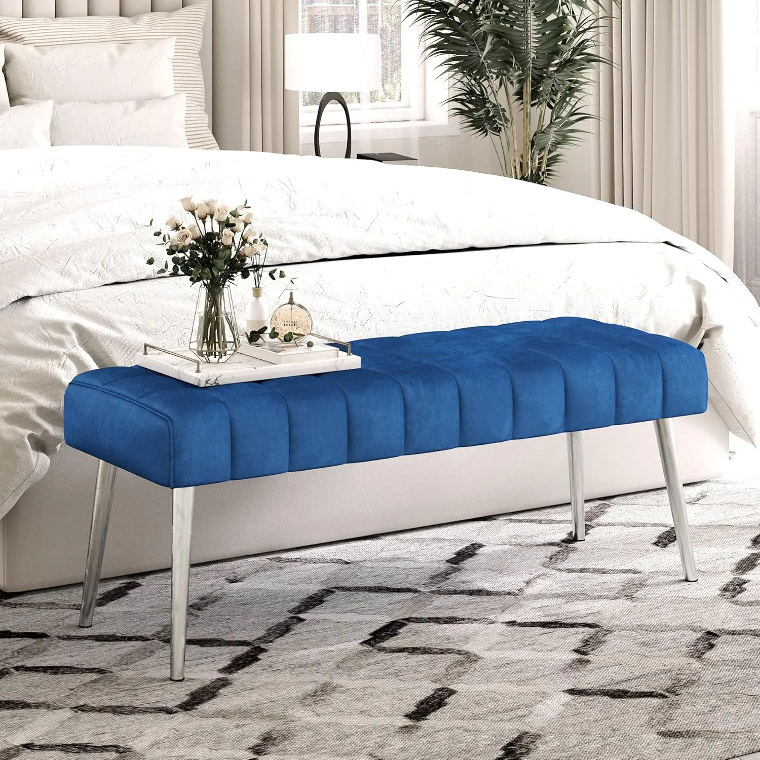 LUE BONA 44.5” End of Bed Bench, Linen Tufted Upholstered Bedroom Benches, Modern Ottoman Bench with Metal Legs Storage for Living Room, Entryway, Dining Room, 300LB, Royal Blue