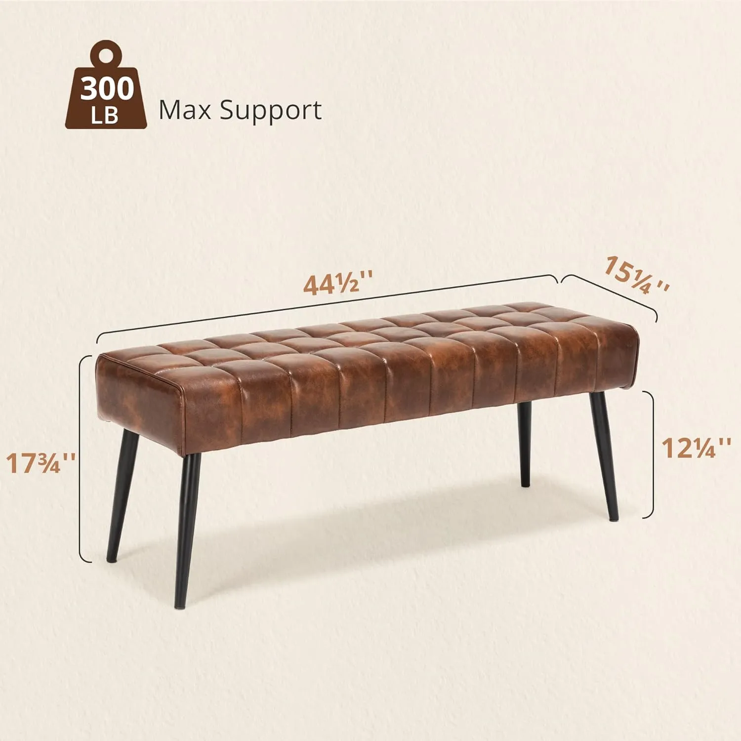 LUE BONA 44.5” Ottoman Bench, Leather Tufted Upholstered Bedroom Benches, Modern Footrest Stool Accent Bench with Metal Legs Storage for Entryway, Dining Room, End of Bed, Foyer, 300LB, Red Brown