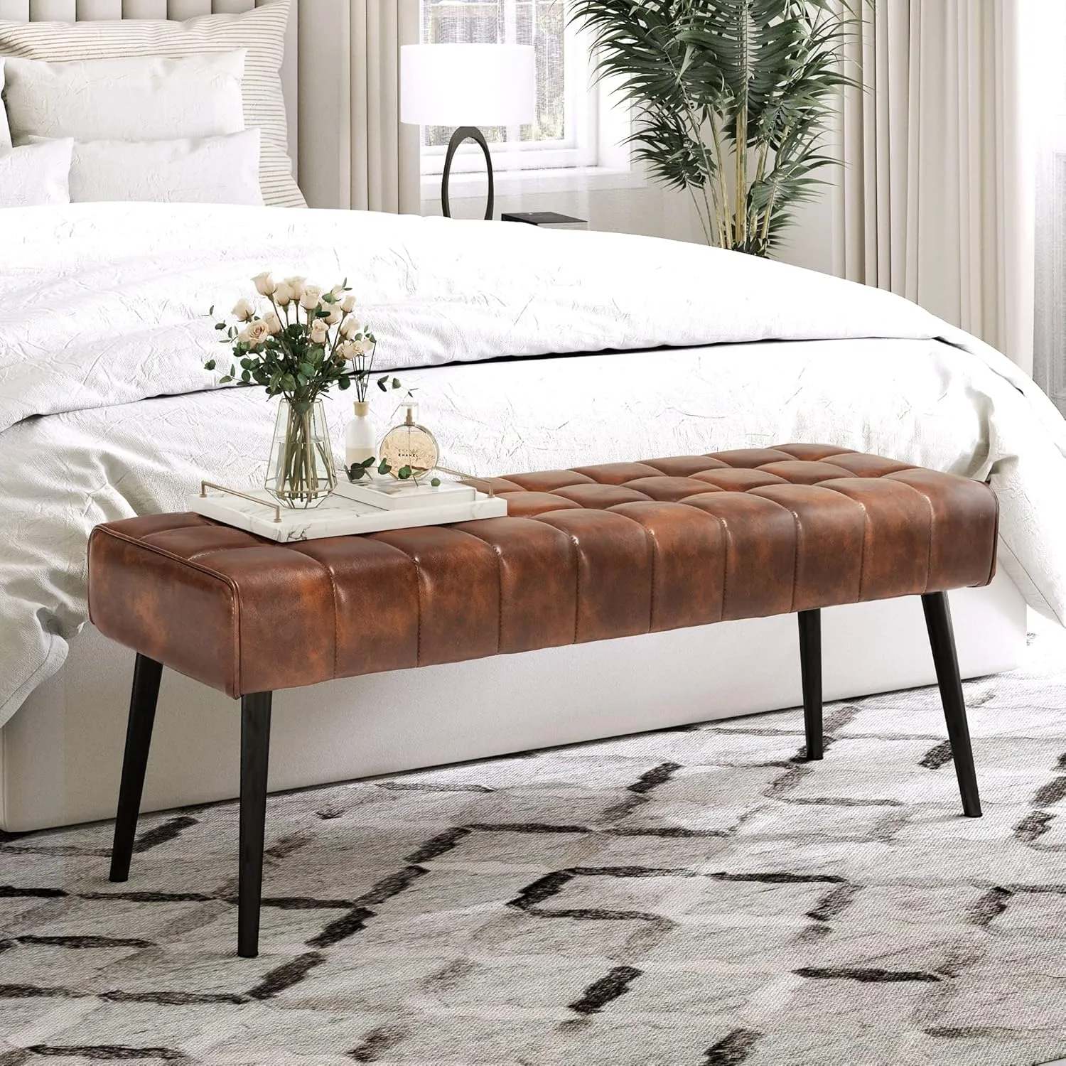 LUE BONA 44.5” Ottoman Bench, Leather Tufted Upholstered Bedroom Benches, Modern Footrest Stool Accent Bench with Metal Legs Storage for Entryway, Dining Room, End of Bed, Foyer, 300LB, Red Brown