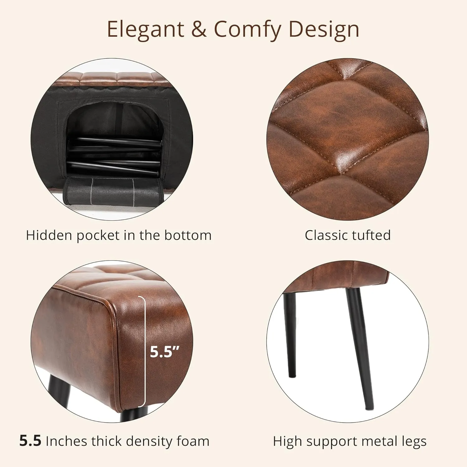 LUE BONA 44.5” Ottoman Bench, Leather Tufted Upholstered Bedroom Benches, Modern Footrest Stool Accent Bench with Metal Legs Storage for Entryway, Dining Room, End of Bed, Foyer, 300LB, Red Brown