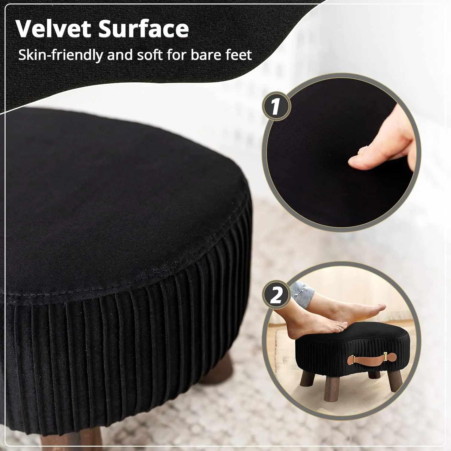 LUE BONA Small Curved Foot Stool with Handle, Black Velvet Footstool and Ottomans, Modern Foot Rest with Wooden Legs, Step Stool with Padded Seat for Couch, Living Room…