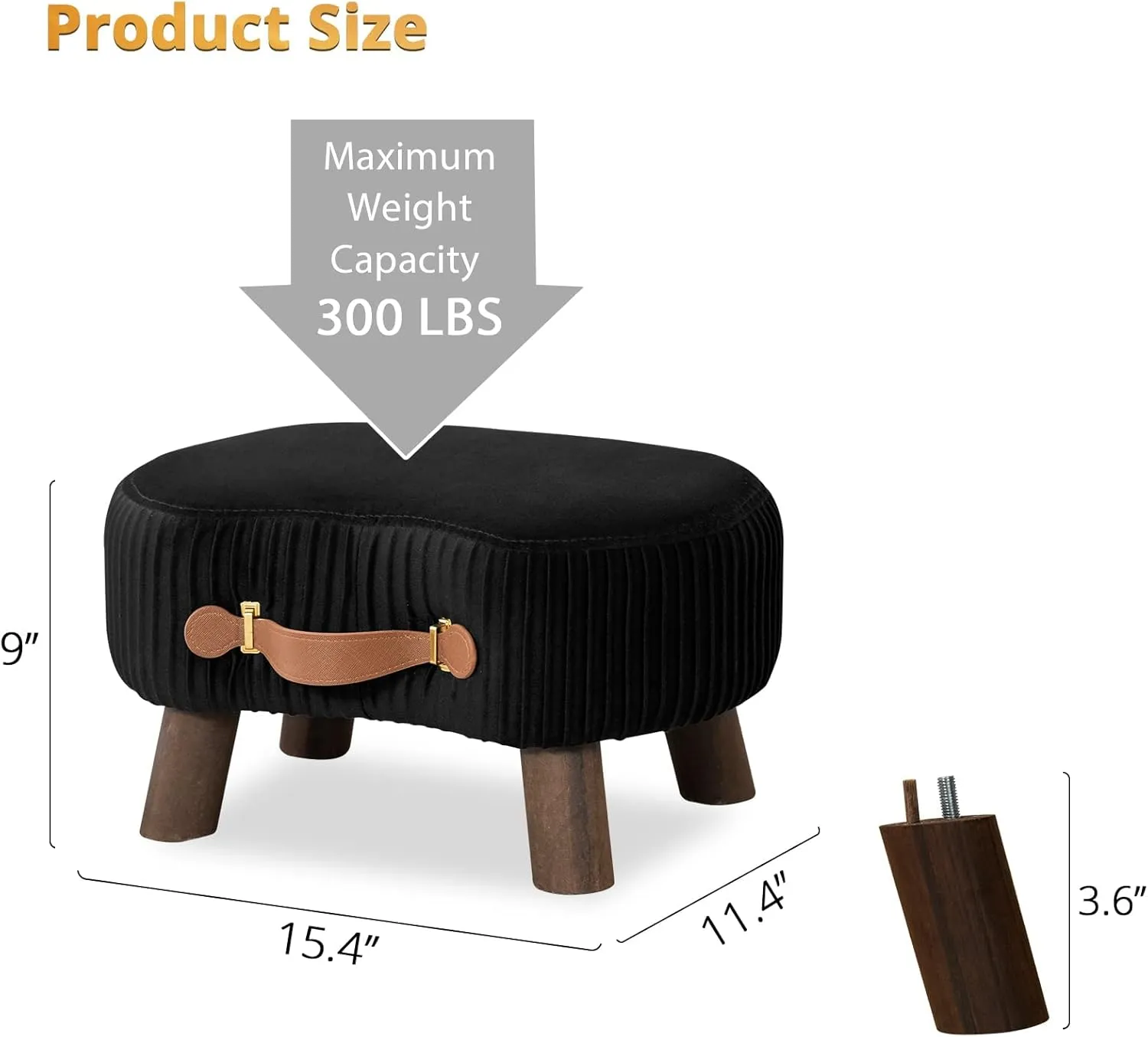 LUE BONA Small Curved Foot Stool with Handle, Black Velvet Footstool and Ottomans, Modern Foot Rest with Wooden Legs, Step Stool with Padded Seat for Couch, Living Room…