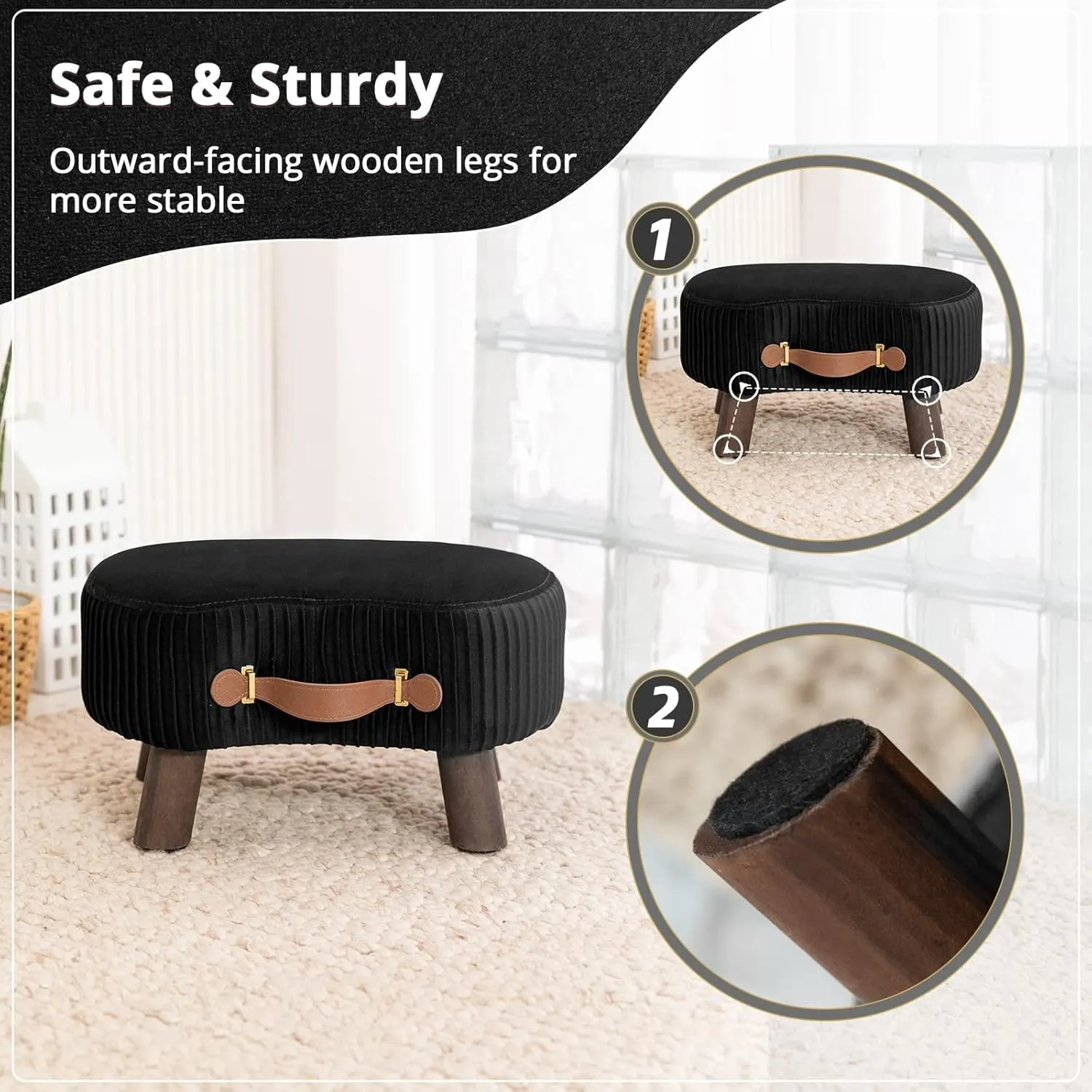LUE BONA Small Curved Foot Stool with Handle, Black Velvet Footstool and Ottomans, Modern Foot Rest with Wooden Legs, Step Stool with Padded Seat for Couch, Living Room…