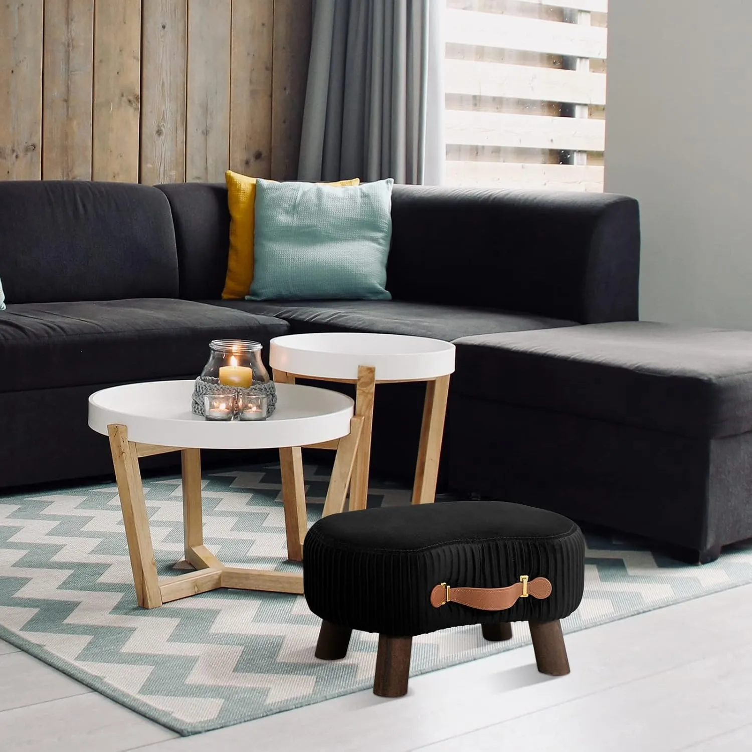 LUE BONA Small Curved Foot Stool with Handle, Black Velvet Footstool and Ottomans, Modern Foot Rest with Wooden Legs, Step Stool with Padded Seat for Couch, Living Room…