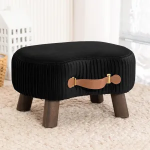 LUE BONA Small Curved Foot Stool with Handle, Black Velvet Footstool and Ottomans, Modern Foot Rest with Wooden Legs, Step Stool with Padded Seat for Couch, Living Room…