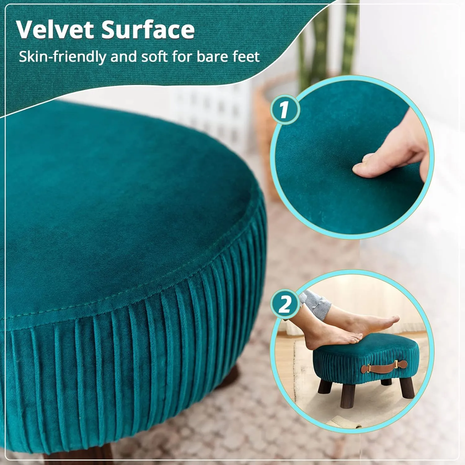 LUE BONA Small Curved Foot Stool with Handle, Velvet Footstool and Ottomans, Modern Foot Rest with Wooden Legs, Step Stool with Padded Seat for Couch, Living Room, Teal…