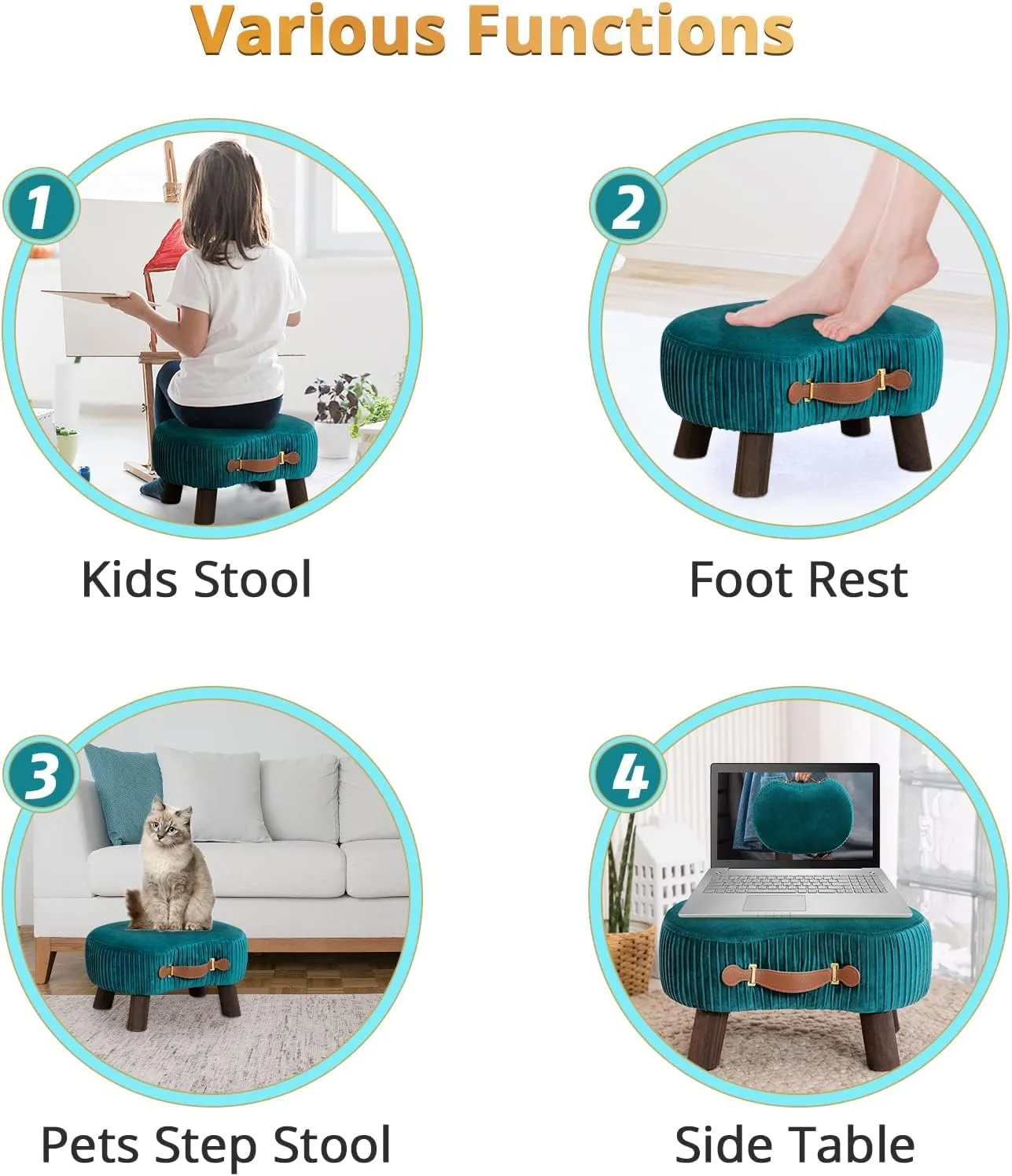 LUE BONA Small Curved Foot Stool with Handle, Velvet Footstool and Ottomans, Modern Foot Rest with Wooden Legs, Step Stool with Padded Seat for Couch, Living Room, Teal…