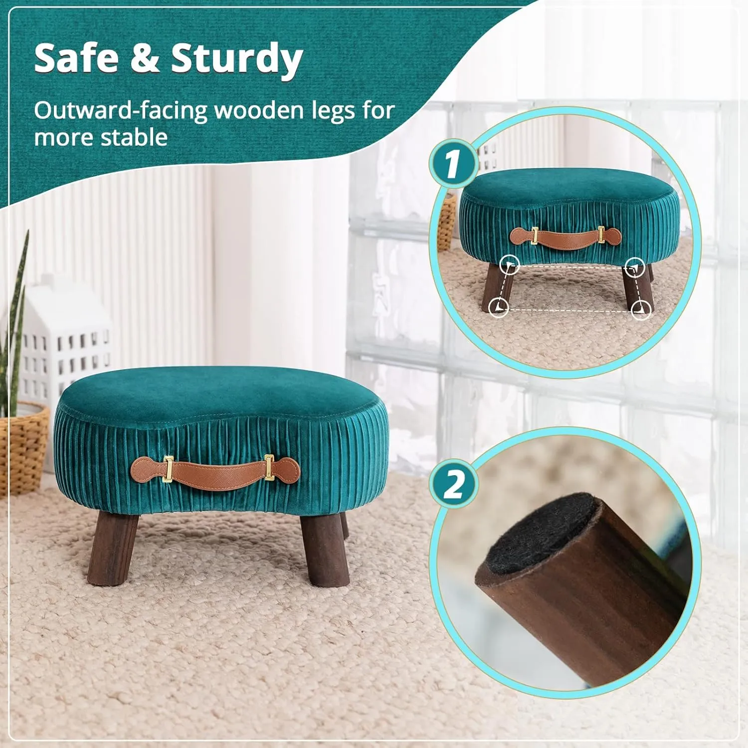 LUE BONA Small Curved Foot Stool with Handle, Velvet Footstool and Ottomans, Modern Foot Rest with Wooden Legs, Step Stool with Padded Seat for Couch, Living Room, Teal…
