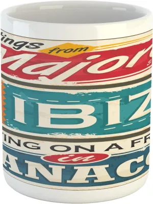 Lunarable Ibiza Mug, Vacation Themed Majorca Ibiza and Manacor Exotic Places from Balear Region Spain, Printed Ceramic Coffee Mug Water Tea Drinks Cup, Multicolor