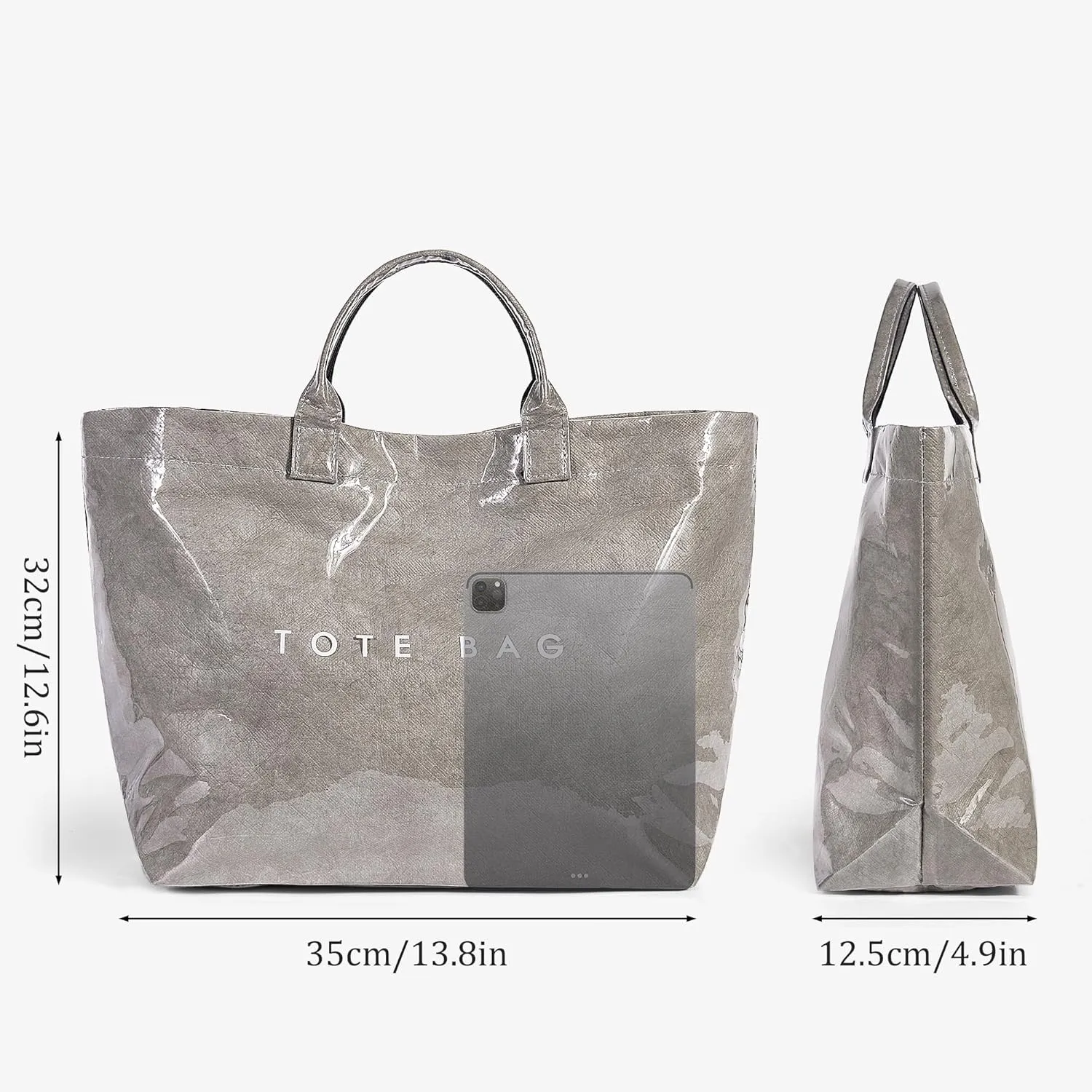 Lushandy PVC Tote Bag Women's Letters Print Large Kraft Paper Carry All Bag Top Handle Clear Hobo Handbag