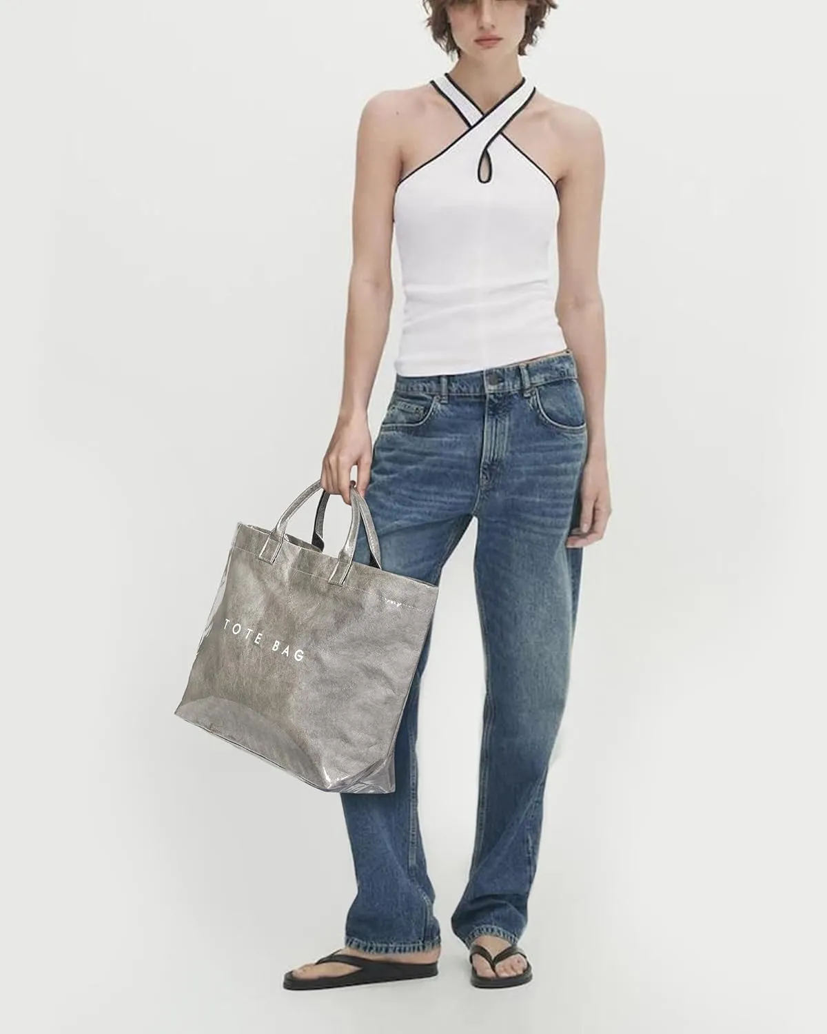 Lushandy PVC Tote Bag Women's Letters Print Large Kraft Paper Carry All Bag Top Handle Clear Hobo Handbag