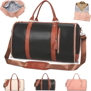 Luux Luuxbagsofficial Black Travel Duffel Bag for Women, Medium Size, Leather and Oxford Cloth Cover, 15"L x 12.5"W x 11"H, Zipper Closure, Carrying Handles, Holds 2-3 Days of Essentials