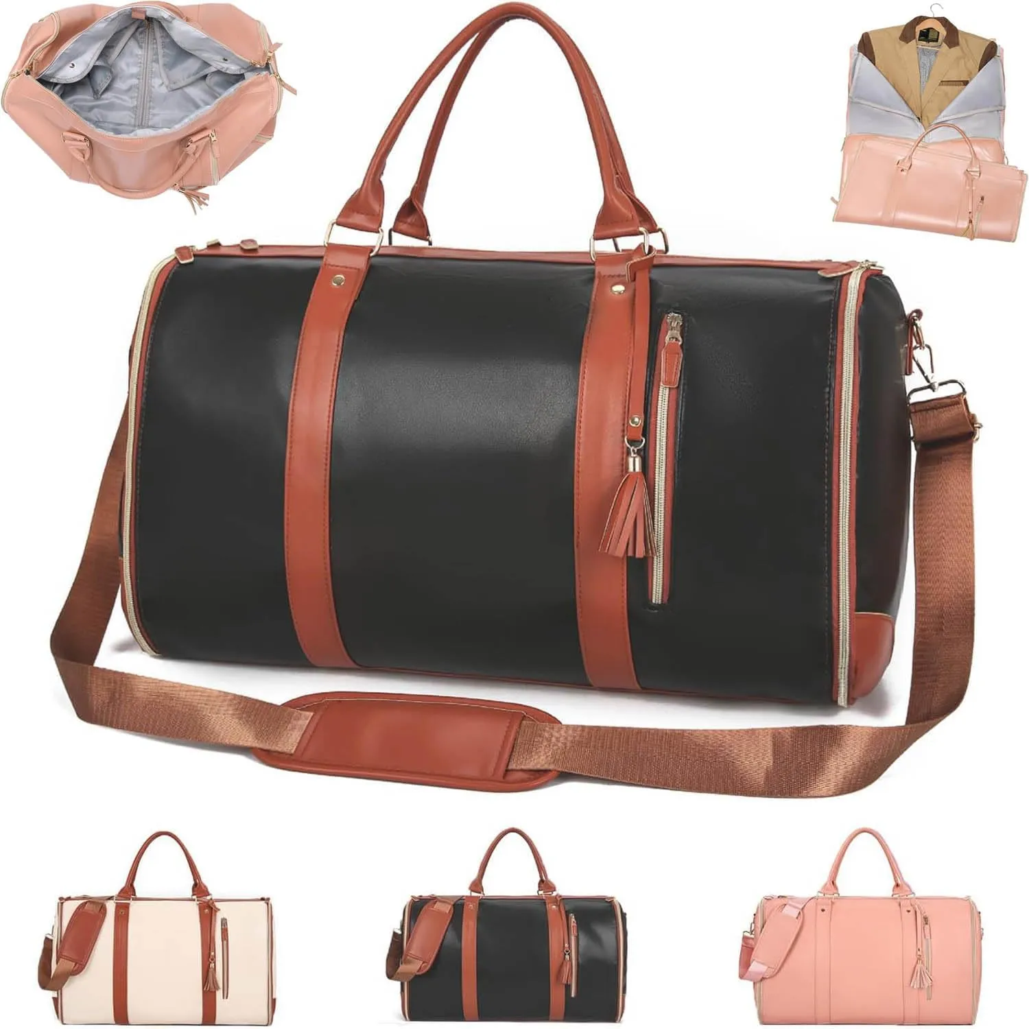Luux Luuxbagsofficial Black Travel Duffel Bag for Women, Medium Size, Leather and Oxford Cloth Cover, 15"L x 12.5"W x 11"H, Zipper Closure, Carrying Handles, Holds 2-3 Days of Essentials