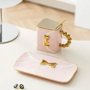 Luxury Ceramic Mug with Lid and Saucer, Purse Shape Coffee Cup with Gold Handle and Spoon, Cute Bowknot Design, Gift for Women and Girls, Afternoon Tea Mug (Pink)
