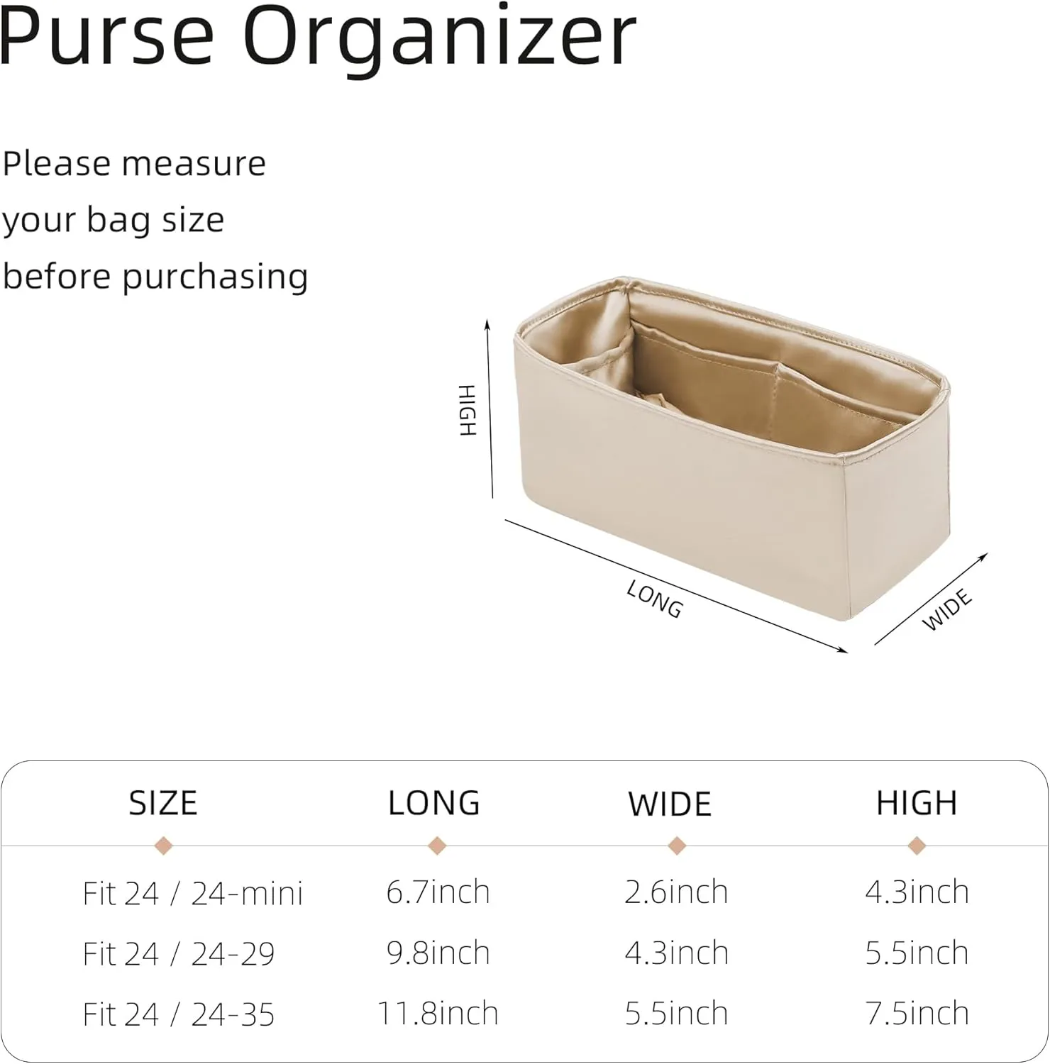 Luxury Silk Purse Organizer for Hermes 2424 Mini/29/35, Champagne
