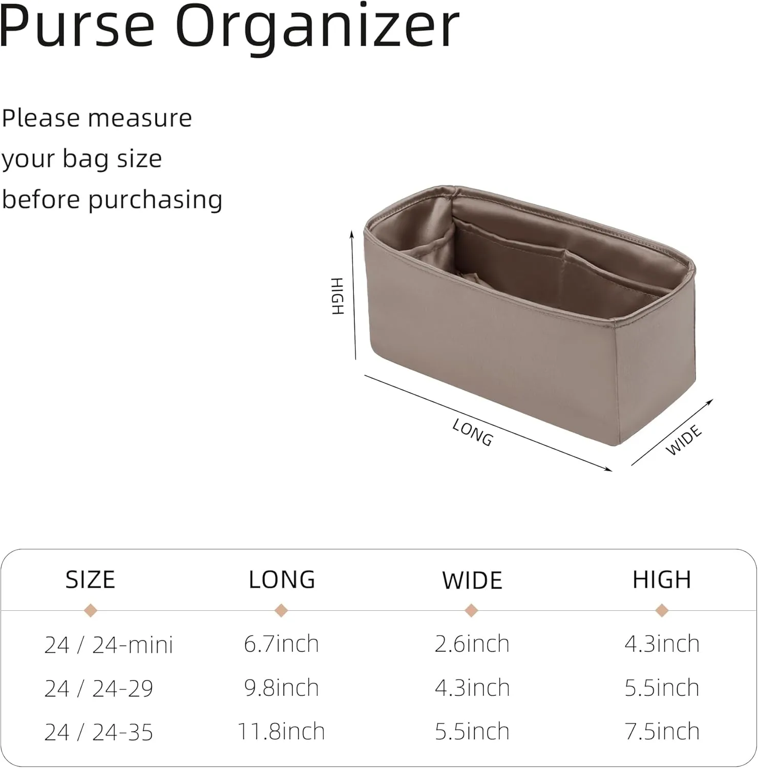 Luxury Silk Purse Organizer for Hermes 2424 Mini/29/35, Etoupe Grey