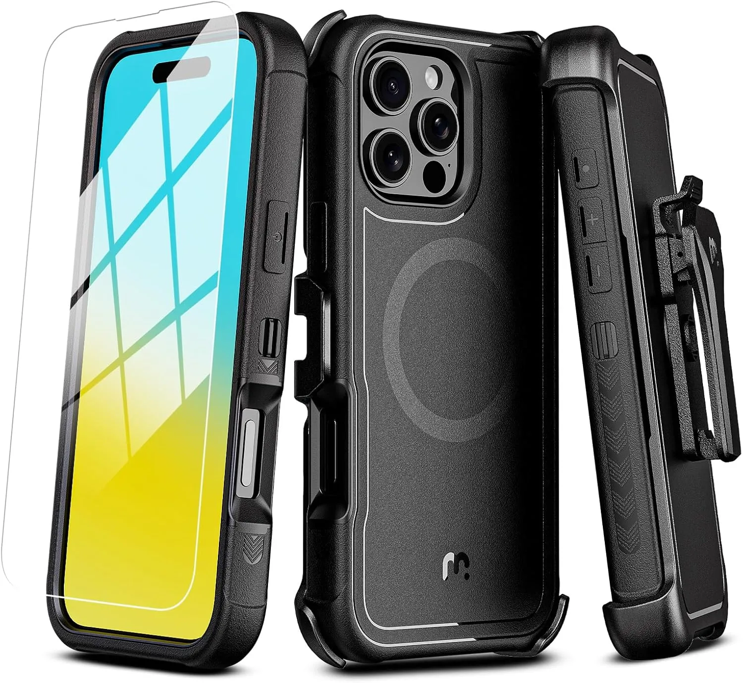 M MYBAT PRO Maverick Series iPhone 16 Pro 6.3 Case with Belt Clip Holster,[Compatible with Magsafe] w/Screen Protector,Anti-Drop,Shockproof,with 360°Rotating Kickstand,Heavy Duty Protection Black
