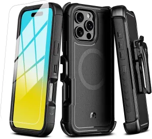 M MYBAT PRO Maverick Series iPhone 16 Pro 6.3 Case with Belt Clip Holster,[Compatible with Magsafe] w/Screen Protector,Anti-Drop,Shockproof,with 360°Rotating Kickstand,Heavy Duty Protection Black