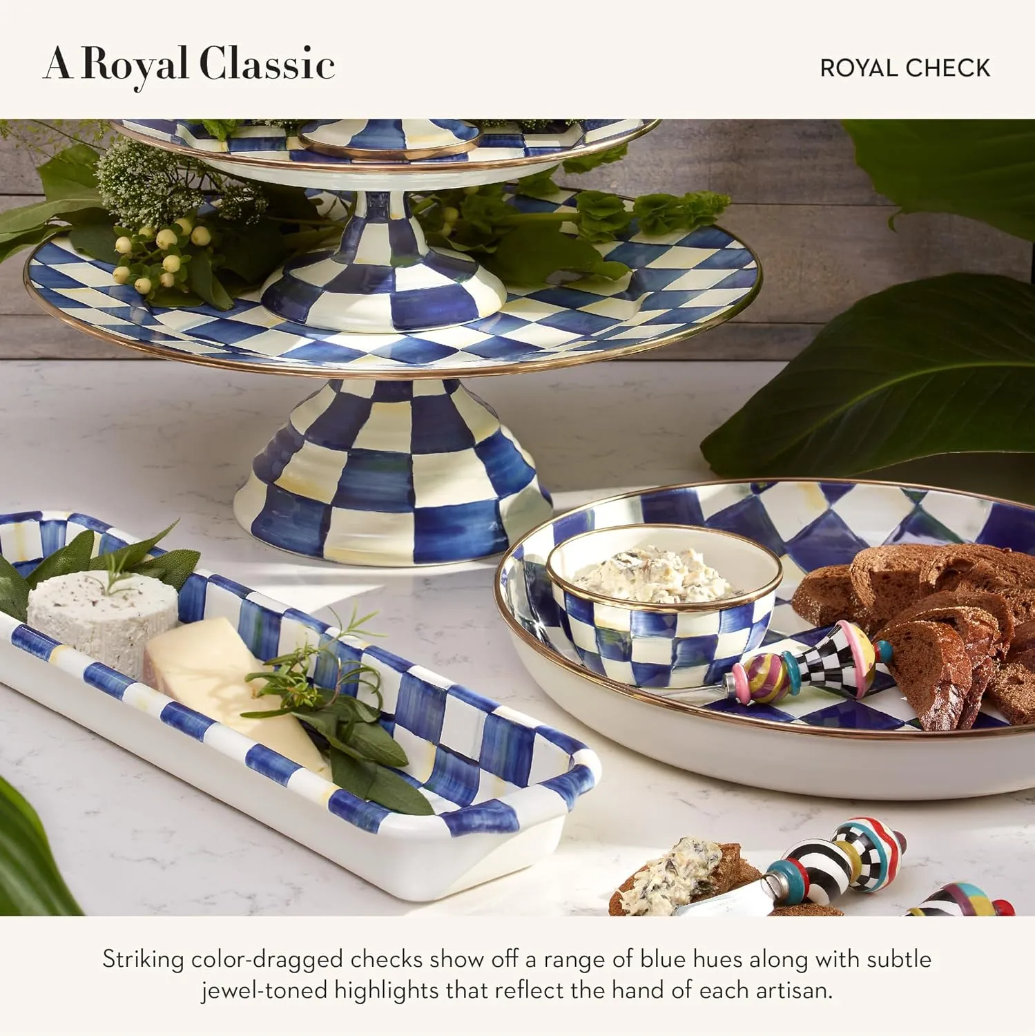MACKENZIE-CHILDS Enamel Pinch Bowl, Small Bowl for Kitchen Ingredients, 1.5-Cup Capacity, Blue-and-White Royal Check