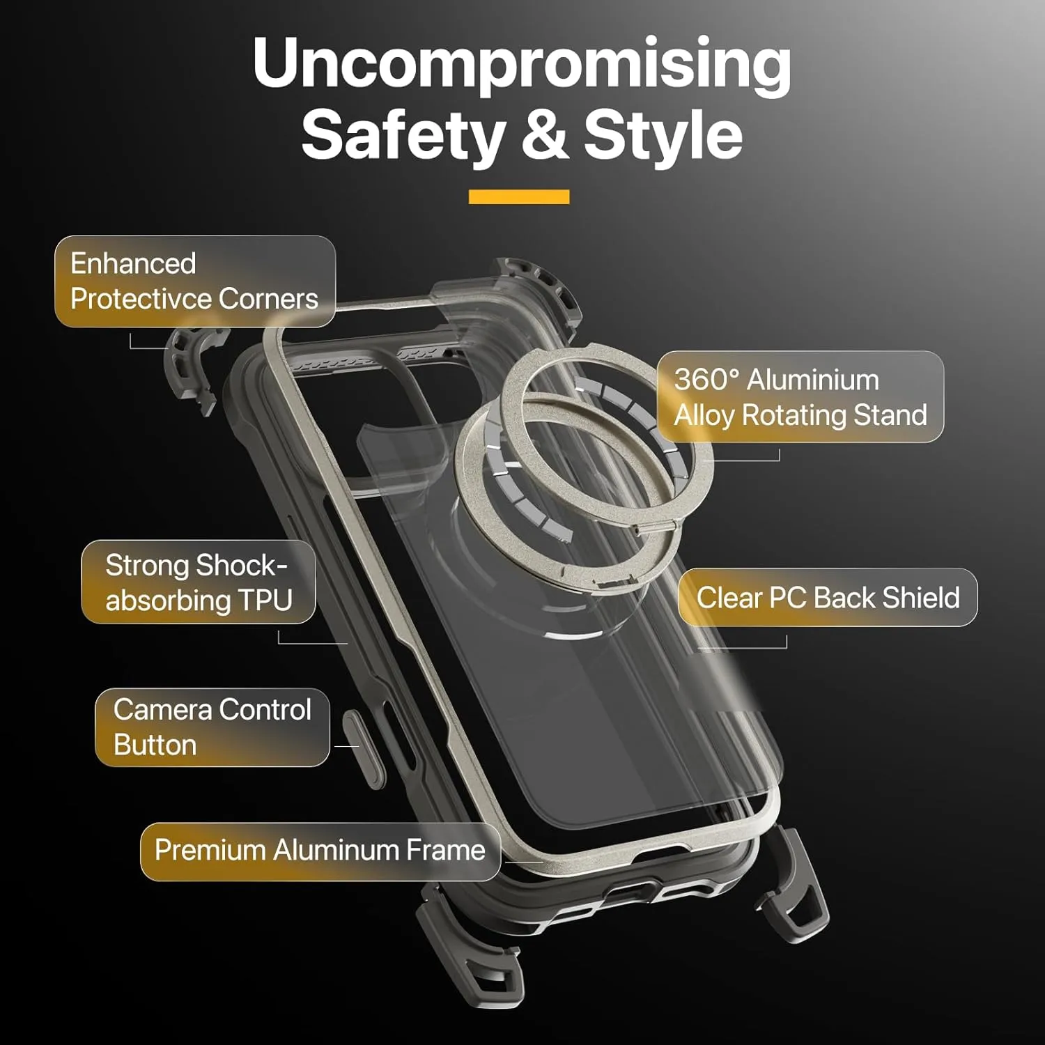MAGEASY Designed for iPhone 16 Pro Max Case with 360° Stand - [Camera Control Button Coverage] 25ft Ultimate Drop Protection Compatible with MagSafe, Aluminum Frame | Odyssey Ultra M