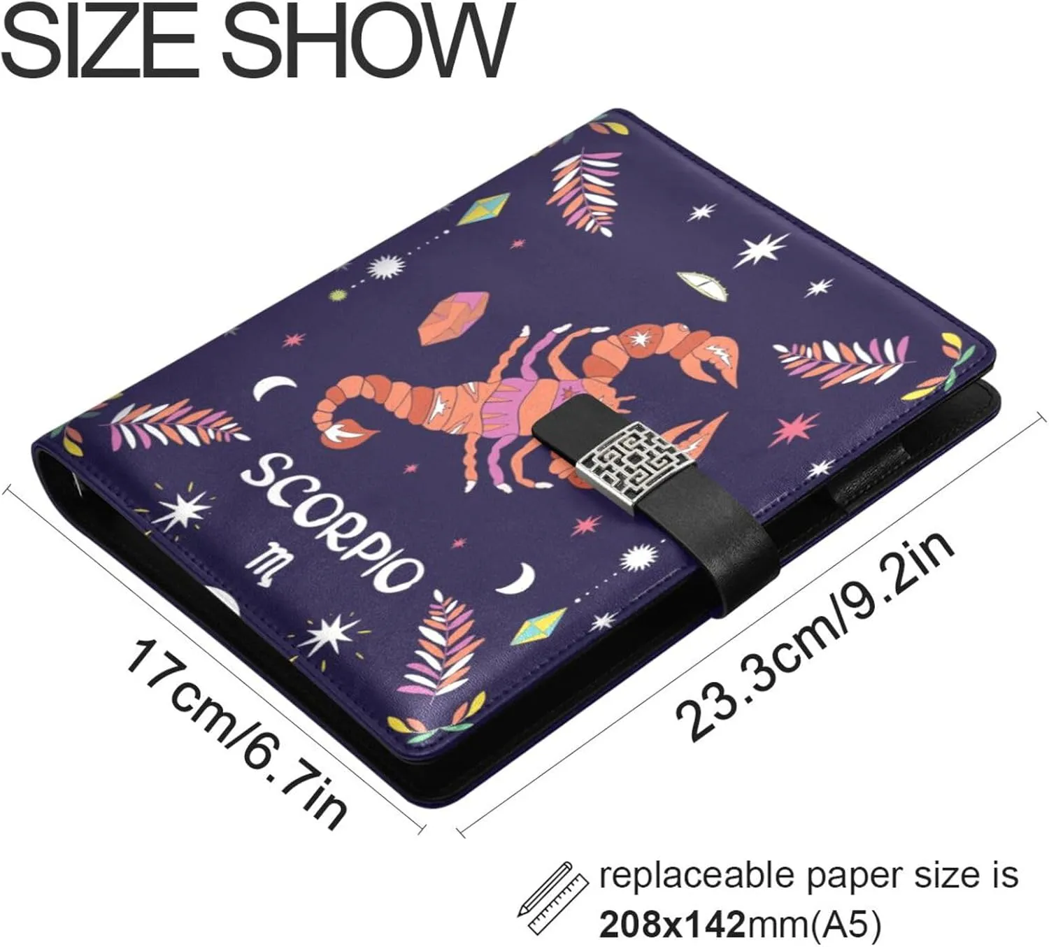 Magic Crayfish A5 Binder 6 Ring Refillable PU Leather Notebook Journal with Magnetic Buckle Closure Loose Leaf Travel Office Planner Budget Binder Notepad Portfolio, Zodiac Sign
