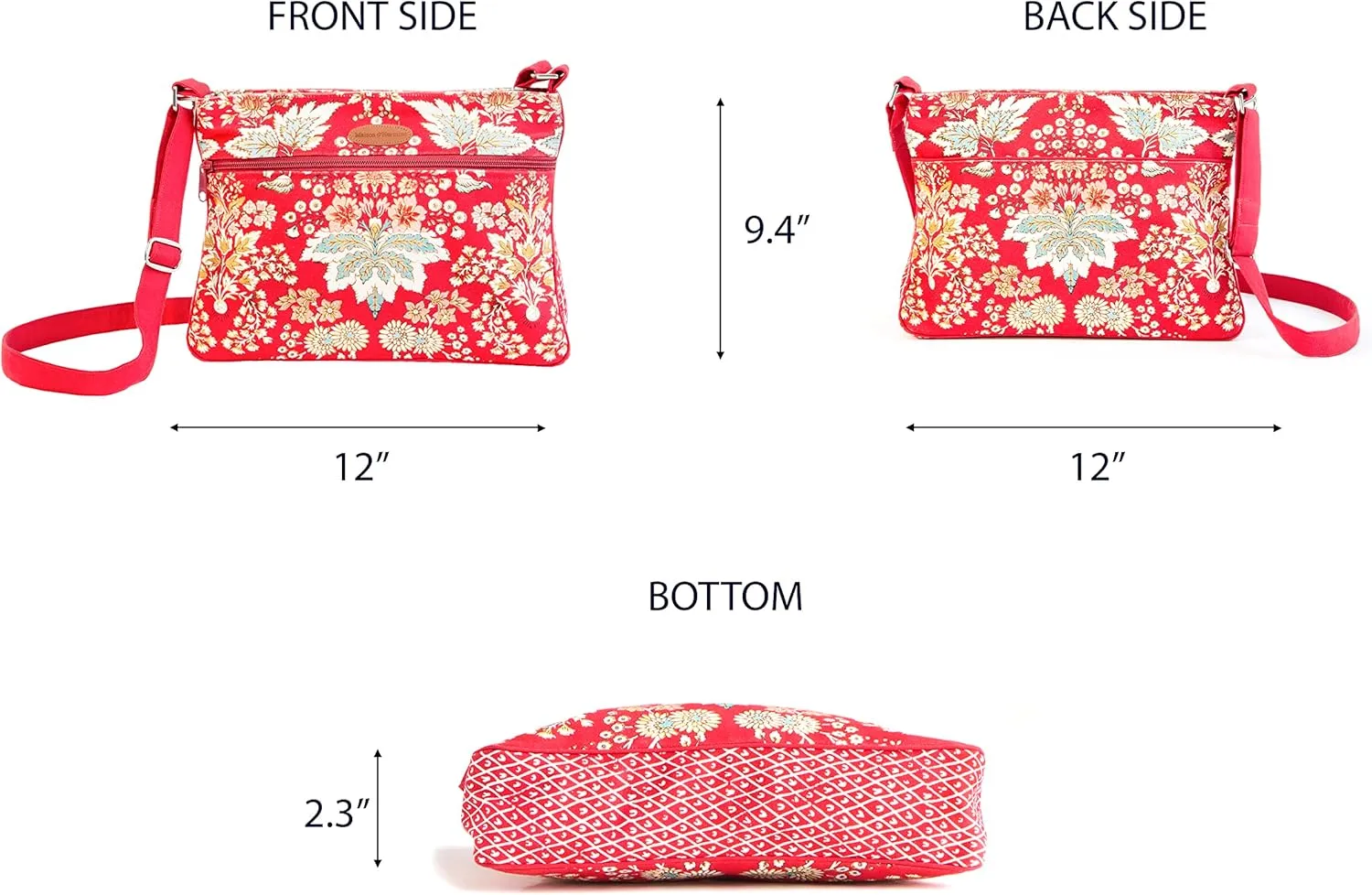Maison d' Hermine Cross Body Bag Cotton Adjustable Shoulder Strap Hand Bag Tote purse with Zippered & Slip Pockets