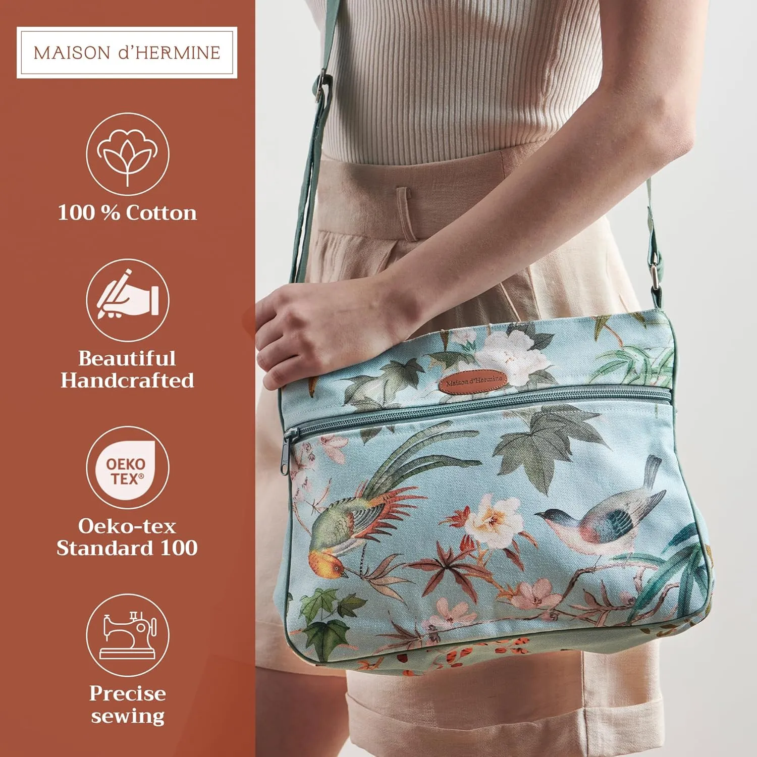 Maison d' Hermine Cross Body Bag Cotton Adjustable Shoulder Strap Hand Bag Tote purse with Zippered & Slip Pockets